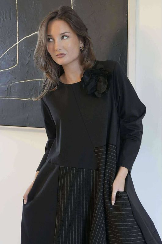 Oscar Remi Cocoon Dress Pin Stripe Black